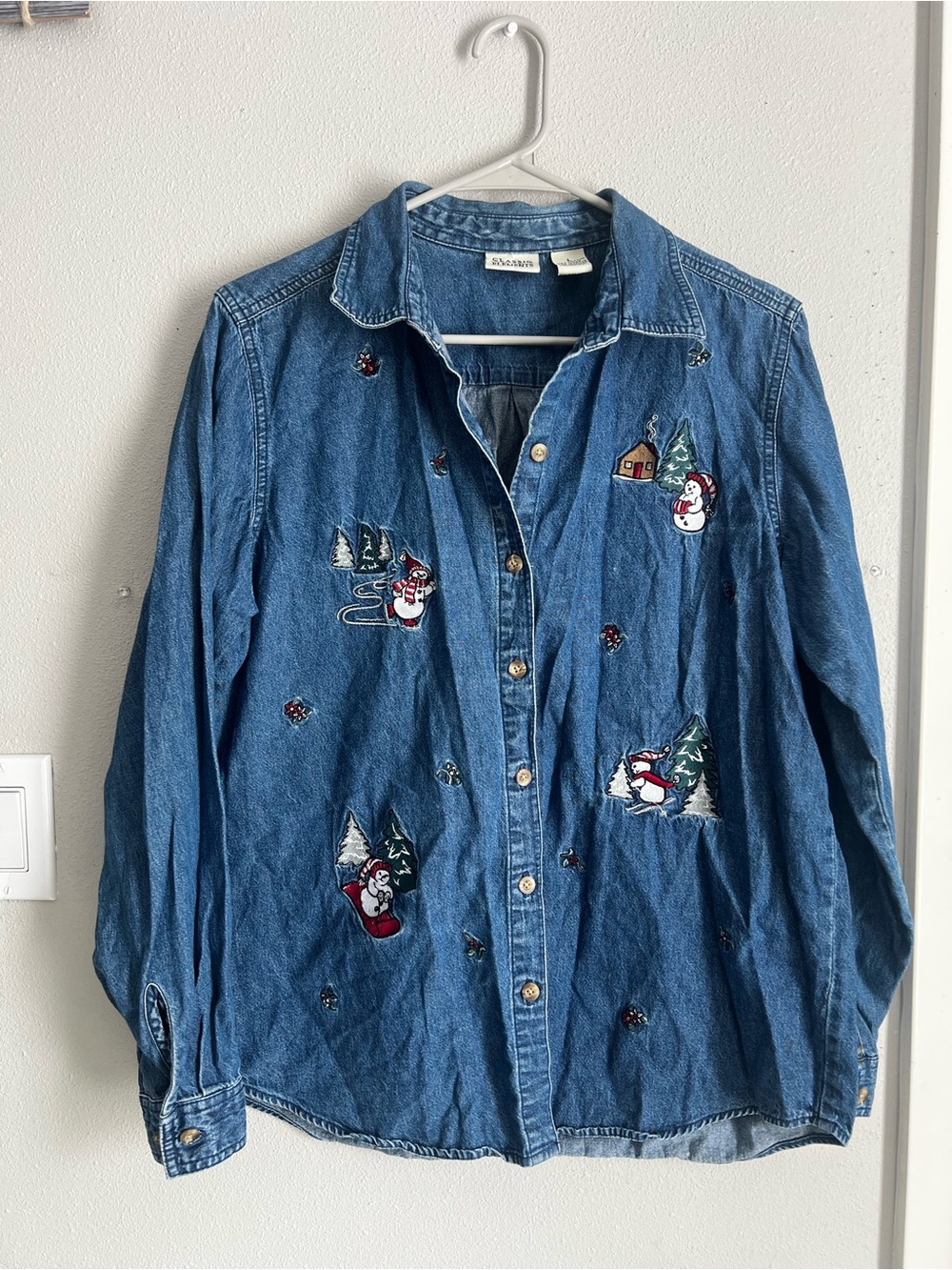 Vintage Embroidered Denim Holiday Shirt - Blue 100% cotton